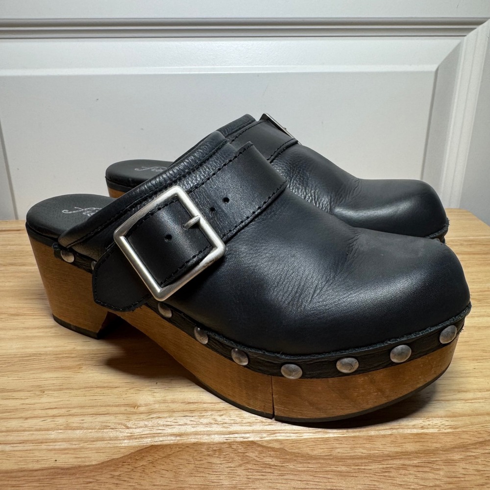 Free People Black Leather Studded Buckle Wood Platform Clogs Made in Spain 38 - Picture 8 of 16